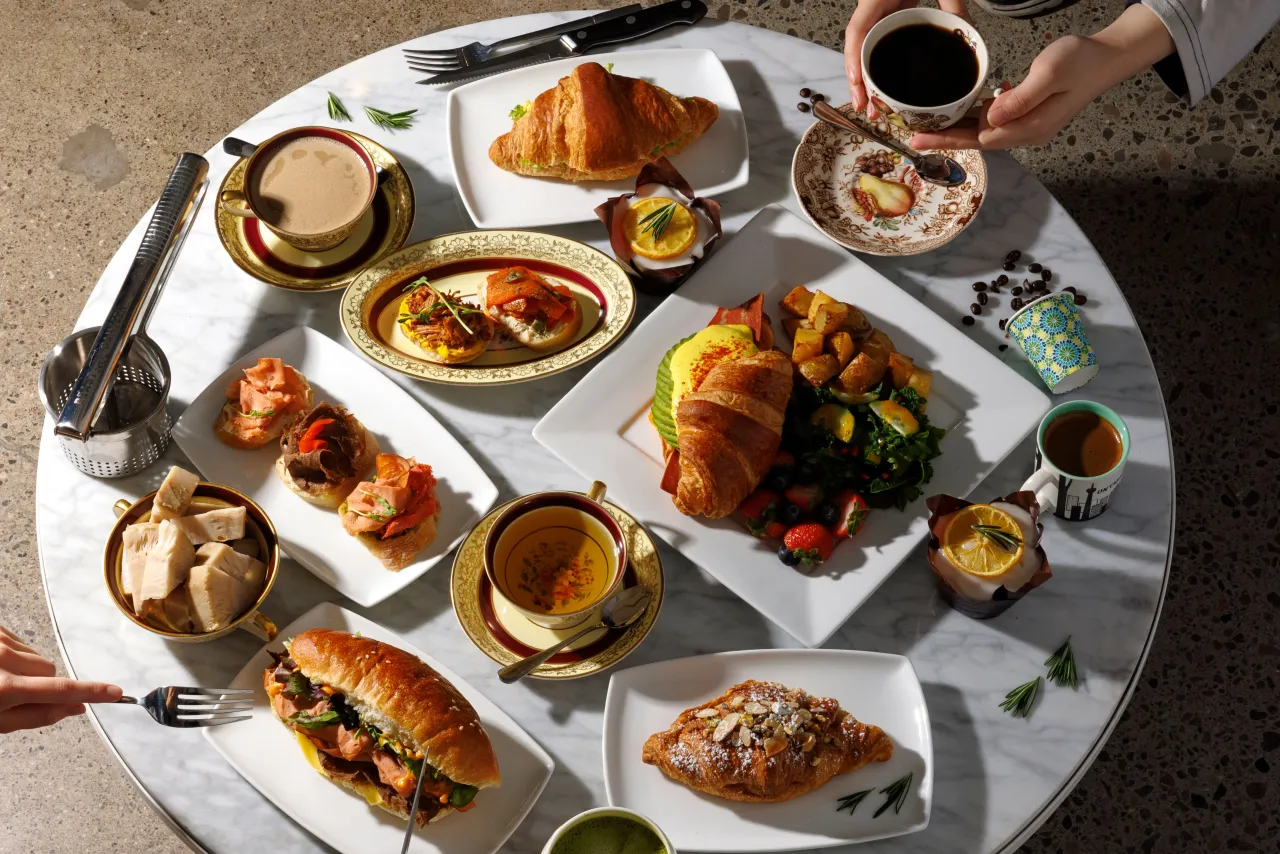 Delicious vegan brunch spread with croissants and pastries
